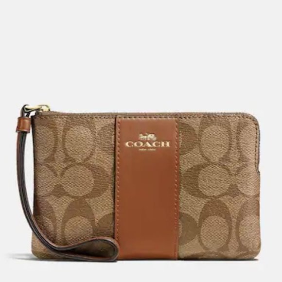 Coach Corner Zip Wristlet In Signature Canvas Gold/Khaki Saddle 2 - Picture 5 of 5